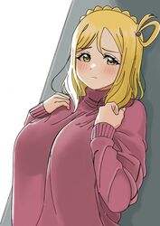  absurdres blonde_hair blush braid breasts closed_mouth crown_braid dot_nose dunchy female hands_up highres large_breasts long_sleeves looking_at_viewer love_live! love_live!_sunshine!! ohara_mari pink_sweater see-through_silhouette single_hair_ring solo sweater upper_body yellow_eyes 