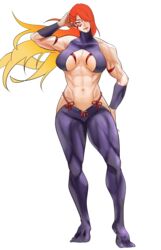  abs absurdres arm_up banryu_illust biceps black_legwear blonde_hair breasts breasts_apart female full_body fuuma_kotarou_(tenkaichi) gradient_hair hair_over_one_eye hand_on_own_hip highres large_breasts long_hair looking_at_viewer multicolored_hair muscular muscular_female navel obliques red_eyes red_hair simple_background smile solo standing tenkaichi_nihon_saikyou_bugeisha_ketteisen underboob white_background 