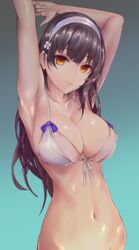  absurdres armpits arms_behind_head arms_up bad_id bad_pixiv_id bare_shoulders bikini black_hair blunt_bangs breasts cleavage collarbone commentary_request female flower franz_(217franz) front-tie_bikini_top front-tie_top girls&#039;_frontline groin hairband highres large_breasts long_hair looking_at_viewer navel official_alternate_costume solo stomach swimsuit type_95_(girls&#039;_frontline) type_95_(summer_cicada)_(girls&#039;_frontline) white_bikini white_hairband yellow_eyes 