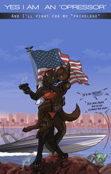  aleone alyph_ironclaws american_flag anthro athletic barefoot beach beret bikini bite blood blue_sky blush boat bodily_fluids bodypaint bra bracelet brown_body brown_fur canid canine canis canton city cityscape clothing cuckold dark_body dark_skin detailed_background dialogue dog_tags duo_focus english_text facial_paint feet felid feline felis female female/female fingerless_gloves finial flag flag_(object) flagpole fur gloves green_eyes group gulonine gun hammer_and_sickle hand_print handgun handwear hat headgear headwear jackal jewelry mammal motorboat_(boat) muscular mustelid musteline necklace nude patriotism pistol politics ranged_weapon sea seaside sky smile standing swimwear text tribal trio tropical underwear united_states_of_america vehicle walther_p99 water watercraft weapon wildcat wolverine yellow_eyes 