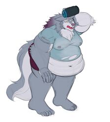  absurd_res anthro blue_body blue_fur blue_hair bodily_fluids bottle bottomwear canid canine canis clothing container fat_arms fat_legs fur hair hati_(tas) hi_res lichinthesystem lifewonders male mammal moobs navel nipples one_eye_closed overweight overweight_male purple_hair shorts solo sweat tearing_shirt thick_thighs tokyo_afterschool_summoners water_bottle white_body white_fur wolf 