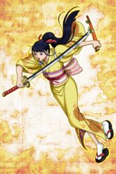  1boy ass black_hair blue_eyes crossdressing floral_print groin hair_ornament japanese_clothes katana kikunojo_(one_piece) kimono lipstick long_hair makeup male_focus official_art one_piece otoko_no_ko ponytail sandals sash sheath solo sword weapon 