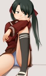  black_eyes black_hair black_socks blue_panties blush brown_neckerchief brown_sailor_collar brown_serafuku brown_skirt female highres kantai_collection kneehighs long_hair long_sleeves mikuma_(kancolle) neckerchief panties sailor_collar school_uniform serafuku skirt socks solo twintails underwear yotubawatane 