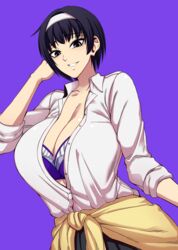  black_hair bra breasts cleavage collared_shirt commentary english_commentary female grin hairband highres huge_breasts open_clothes open_shirt original pleated_skirt purple_background purple_bra purple_eyes shirt short_hair skirt smile solo sweater tied_sweater unbuttoned unbuttoned_shirt underwear white_hairband white_shirt yellow_sweater yugo_(yugotme97) 