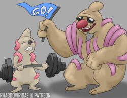  clenched_teeth conditional_dnp conkeldurr digital_drawing_(artwork) digital_media_(artwork) duo exercise generation_5_pokemon hi_res nintendo pokemon pokemon_(species) simple_background teeth timburr weightlifting weights wolftacos workout 