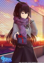  absurdres belt belt_buckle black_hair black_skirt blurry blurry_background blush box box_of_chocolates breasts buckle buttons chain-link_fence cloud cloudy_sky commentary copyright_name copyright_notice cropped_jacket enpera evening female fence giving grey_jacket gundam gundam_breaker_mobile hairband highres incoming_gift jacket kuzunoha_rindou lens_flare long_hair long_skirt official_art outdoors purple_eyes purple_hairband purple_scarf ribbon rooftop scarf school school_uniform skirt sky sleeve_cuffs small_breasts solo straight_hair sun sunset taiki_(luster) valentine 