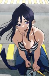  :d bare_shoulders bikini bikini_top_only black_bikini blue_hair blush bodysuit breasts cleavage diving_suit dunchy female highres kneeling large_breasts looking_at_viewer love_live! love_live!_sunshine!! matsuura_kanan open_mouth ponytail purple_eyes smile solo striped_bikini striped_clothes swimsuit wetsuit 