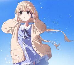  blonde_hair blue_dress blue_ribbon blue_sky brown_eyes cardigan commentary_request day dress female futaba_anzu headphones highres idolmaster idolmaster_cinderella_girls idolmaster_cinderella_girls_starlight_stage long_hair long_sleeves looking_away low_twintails neck_ribbon ribbon sky solo twintails vivid_(key) wind 