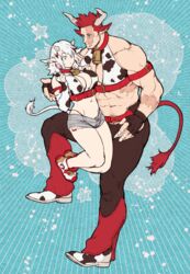  1boy abs animal_ears animal_print bad_id bad_pixiv_id bara bare_shoulders bell belt black_pants blue_eyes boku_no_hero_academia bra breasts chest_harness chinese_zodiac cleavage cow_boy cow_ears cow_girl cow_horns cow_print cow_tail denim denim_shorts endeavor_(boku_no_hero_academia) facial_hair father_and_daughter female fingerless_gloves full_body gloves harness highres horns jumping kemonomimi_mode large_pectorals leg_up looking_at_another mature_male midriff muscular muscular_male navel neck_bell pants pectoral_cleavage pectorals print_bra red_belt red_hair scar scar_across_eye scar_on_arm scar_on_face short_hair short_shorts shorts sideburns spiked_hair stomach stubble tail thick_thighs thighs todoroki_fuyumi u2suke underwear white_hair year_of_the_ox 