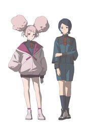  2girls absurdres afro_puffs asticassia_school_uniform big_hair black_hair blue_eyes blue_hair chuatury_panlunch colored_inner_hair dark_blue_hair double_bun full_body green_jacket green_shorts gundam gundam_suisei_no_majo hair_bun highres hood hoodie jacket long_hair looking_at_viewer multicolored_hair multiple_girls nika_nanaura pink_eyes pink_hair pink_hoodie psylduck school_uniform short_bangs short_hair shorts shoulder_boards standing white_background 