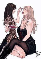  2girls aespa alternate_breast_size arm_tattoo black_dress black_footwear black_nails blonde_hair boots breasts brown_hair cbb_(tuucoo) cheetah_print cherry cleavage collarbone dress english_text feeding food fruit grey_eyes grey_footwear hello_kitty hello_kitty_(character) highres holding holding_food holding_fruit holding_plate juice k-pop karina_(aespa) large_breasts leg_tattoo long_hair mole mole_under_mouth multiple_girls nail_polish open_mouth pantyhose pink_lips plate print_dress real_life red_lips sanrio shoes simple_background sitting sitting_between_lap small_breasts sneakers tattoo tongue tongue_out white_background winter_(aespa) yuri 