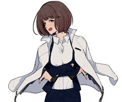  between_breasts black_jacket black_skirt bob_cut border_operator_uniform_(world_trigger) borrowed_clothes breasts brown_eyes brown_hair chokuboron_ryou collared_shirt crossed_arms dress_shirt female fujimaru_nono gun handgun holding holding_gun holding_weapon jacket jacket_on_shoulders large_breasts long_sleeves looking_at_viewer open_clothes open_jacket open_mouth shirt short_hair sideways_glance simple_background skirt solo trigger_discipline upper_body weapon white_background white_jacket white_shirt world_trigger yuba_squad&#039;s_uniform 