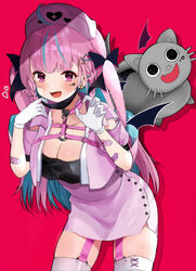  ahoge bandaid black_mask blue_hair blush bow braid breasts chest_harness choker claw_pose cleavage colored_inner_hair commentary_request earrings female garter_straps gloves hair_ornament hairbow harness hat hazukikei heart heart_choker highres hololive jacket jewelry large_breasts long_hair mask mask_pull minato_aqua mouth_mask multicolored_hair neko_(minato_aqua) nurse nurse_cap oerba_yun_fang official_alternate_costume pink_bandaid pink_eyes pink_garter_straps pink_hair pink_jacket ribbon symbol thighhighs two-tone_hair two_side_up vampire_(vocaloid) virtual_youtuber white_gloves white_legwear 