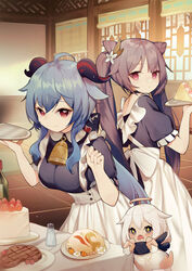  +_+ 3girls :o alternate_costume apron architecture bad_id bad_pixiv_id bare_back bell black_eyes black_scarf blue_hair blurry cake commentary cone_hair_bun depth_of_field double_bun dress drooling east_asian_architecture enmaided floating food from_behind ganyu_(genshin_impact) genshin_impact hair_between_eyes hair_bun halo highres horns keqing_(genshin_impact) leaning_forward long_hair long_sleeves looking_at_viewer looking_back maid maid_apron meat mechanical_halo multiple_girls neck_bell paimon_(genshin_impact) plate puffy_short_sleeves puffy_sleeves purple_eyes purple_hair red_eyes romper salt_shaker sandwich scarf short_hair short_sleeves sidelocks size_difference steak strawberry_cake symbol-shaped_pupils table tablecloth twintails white_dress white_hair white_romper window xoaiu 