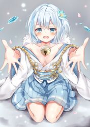  :d bare_shoulders bell blue_eyes blue_flower blue_hair blue_skirt blush breasts breasts_apart collarbone commentary_request falling_petals female flower flower_knot fur_collar gold_trim grey_background hair_between_eyes hair_flower hair_ornament highres icicle incoming_hug japanese_clothes jingle_bell kimono light_blue_hair light_particles looking_at_viewer medium_hair multicolored_hair obi off_shoulder one_side_up open_mouth outstretched_arms petals pleated_skirt sash seiza sennen_sensou_aigis sitting skirt small_breasts smile snowflake_ornament solo streaked_hair tassel white_hair white_kimono wide_sleeves yukihime_(sennen_sensou_aigis) yukino_siduku 