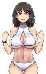  abs bad_id bad_twitter_id bikini black_hair bracelet breasts brown_eyes cleavage clenched_hands commentary cowboy_shot female frown girls_und_panzer groin half-closed_eyes highres jewelry large_breasts long_hair looking_at_viewer murakami_(girls_und_panzer) open_mouth simple_background solo standing sweatdrop swimsuit thigh_gap underboob unzipped w_arms white_background white_bikini yougata zipper 