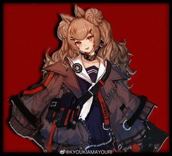  absurdres amayouri angelina_(arknights) animal_ears arknights badge black_collar blue_dress brown_jacket chinese_commentary collar commentary_request cosplay double_bun dress female fox_ears gummy_(arknights) gummy_(arknights)_(cosplay) hair_bun hair_ornament hairclip highres infection_monitor_(arknights) jacket long_hair looking_at_viewer neckerchief open_clothes open_jacket open_mouth red_background red_eyes sailor_collar sailor_dress simple_background solo upper_body white_neckerchief white_sailor_collar 