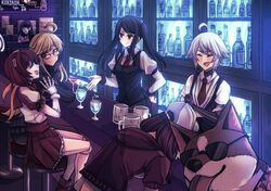  021_shiro 5girls ahoge alma_armas android bar_(place) bar_stool bartender beer_mug black_hair blonde_hair bottle brown_eyes brown_hair brown_skirt cameo canine closed_eyes cocktail_glass commentary counter cropped_hoodie cup cyberpunk cyborg dana_zane dark-skinned_female dark_skin dorothy_haze drinking_glass drunk frilled_skirt frills glasses hawaiian_shirt highres hood hood_down hoodie indoors jill_stingray joints kira_miki long_hair long_sleeves mechanical_hands mechanical_parts mug multiple_girls necktie over-rim_eyewear pleated_skirt prosthesis prosthetic_arm purple_sweater rad_shiba red_necktie robot_joints semi-rimless_eyewear shiba_inu shirt short_hair short_sleeves sitting skirt stool streaming-chan sunglasses sweater twintails va-11_hall-a white_hair white_shirt 