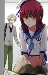  1boy 7100potechi anchor_print bag blue_neckerchief blue_shorts blurry blush cardigan depth_of_field female flipped_hair glasses green_eyes green_pants green_pantyhose grey_cardigan grey_hair hat katori_youko leaning_forward long_sleeves looking_at_viewer medium_hair neckerchief out_of_frame pants pantyhose pov red_hair sailor_collar sailor_hat short_hair shorts shoulder_bag sitting sleeves_past_elbows standing surprised v-neck wakamura_rokurou walk-in white_headwear world_trigger 