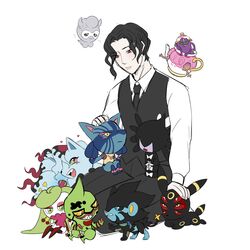  1boy akaza_(kimetsu_no_yaiba) alolan_ninetales animalization black_hair black_necktie black_pants black_sclera black_vest blood blood_on_face blue_eyes blue_sclera blush castform castform_(normal) colored_sclera daki_(kimetsu_no_yaiba) extra_eyes gothitelle green_eyes gyokko_(kimetsu_no_yaiba) gyuutarou_(kimetsu_no_yaiba) hand_on_another&#039;s_head hantengu_(kimetsu_no_yaiba) heart highres kaigaku kibutsuji_muzan kimetsu_no_yaiba kneeling kokushibou lucario luxray male_focus multicolored_sclera nakime_(kimetsu_no_yaiba) necktie open_mouth pants pokemon pokemon_(creature) polteageist red_eyes red_sclera saphirune shirt toxicroak tsareena umbreon vest white_background white_shirt yellow_eyes yellow_sclera 