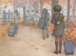  5boys 5girls arm_behind_back autumn autumn_leaves bag barricade black_coat black_footwear black_hair black_legwear black_pants blue_shirt bob_cut boots brown_pants coat commentary facing_away falling_leaves flower forest from_behind green_jacket guitar_case hands_in_pockets hat hiding high_heel_boots high_heels holding holding_bag holding_flower holding_suitcase instrument_case instrument_on_back jacket knee_boots leaf long_coat long_sleeves metal_detector multiple_boys multiple_girls nature original outdoors outstretched_arms painting_(medium) pants pantyhose path police_hat queue red_jacket rolling_suitcase searching seasons security_checkpoint security_guard shirt short_hair short_sleeves snowing spread_arms suitcase sunflower table togi_fuyumi traditional_media tree uniform watercolor_(medium) white_jacket wilting winter 