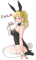  :3 absurdres alternate_costume animal_ears black_footwear black_leotard blonde_hair blush breasts cleavage closed_mouth commentary dunchy fake_animal_ears fake_tail female fingernails from_side full_body high_heels highres large_breasts leotard looking_at_viewer looking_to_the_side love_live! love_live!_sunshine!! nail_polish ohara_mari one_eye_closed paw_pose playboy_bunny ponytail rabbit_ears red_nails simple_background smile solo tail thighhighs translated white_background white_thighhighs yellow_eyes 