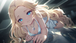  absurdres bare_arms bare_shoulders blonde_hair blue_eyes blurry blurry_background breasts cleavage commentary_request depth_of_field dress female forehead haze/reverb highres jewelry long_hair lying necklace official_art on_stomach parted_bangs reflection roi_(liu_tian) shidifenni_(haze/reverb) short_dress sleeveless sleeveless_dress small_breasts smile solo very_long_hair white_dress 