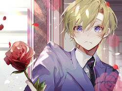  1boy :&lt; absurdres black_necktie blazer blonde_hair blue_eyes blue_jacket commentary_request flower frown highres holding holding_flower indoors jacket lens_flare looking_at_viewer male_focus necktie ouran_high_school_host_club ouran_high_school_uniform petals red_flower red_rose rose school_uniform shirt short_hair solo sparkle suou_tamaki u-sama_(u_summer0719) upper_body white_shirt window 