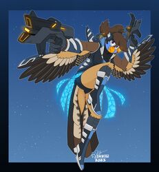  2023 5_fingers accessory action_pose anthro arm_tuft artist_logo avian beak bird black_hair_tie blue_background blue_body blue_feathers boots border brown_body brown_claws brown_feathers brown_hair cheek_tuft claws clenched_teeth clothing cosmic_background dual_wielding elbow_tuft eyebrows facial_tuft feathers female fingers footwear futuristic_clothing futuristic_gun glowing glowing_clothing gradient_border gun hair hair_accessory hair_tie headgear headwear hi_res holding_gun holding_object holding_ranged_weapon holding_weapon knee_tuft leg_tuft logo narrowed_eyes orange_beak outside_border outstretched_arm plantigrade ponytail pose purple_eyes raised_eyebrow raised_leg ranged_weapon ria_(sammfeatblueheart) sammfeatblueheart signature simple_background solo starry_background striped_feathers tail tail_feathers tan_body tan_feathers teeth trogon trogonid tuft weapon white_body white_feathers winged_arms wings wrist_tuft 