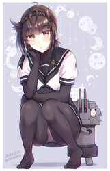  black_bodysuit black_headband black_neckerchief black_sailor_collar black_skirt bodysuit brown_hair chou-10cm-hou-chan_(hatsuzuki&#039;s) closed_mouth clothes_writing dated female hachimaki hair_flaps hatsuzuki_(kancolle) head_rest headband kabocha_torute kantai_collection looking_at_viewer neckerchief no_shoes panties pleated_skirt sailor_collar school_uniform serafuku simple_background skirt squatting twitter_username underwear yellow_eyes 