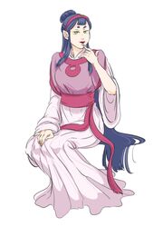  black_hair dress female full_body highres lanxi_zhen long_hair long_sleeves luo_xiaohei_zhanji ne5zee pointy_ears purple_dress simple_background sitting smile solo very_long_hair white_background wide_sleeves xia_(the_legend_of_luoxiaohei) yellow_eyes 