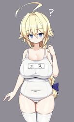  ? absurdres ahoge bare_shoulders blazblue blonde_hair blue_bow blue_eyes blush bow braid breasts character_name cleavage collarbone covered_navel curvy es_(xblaze) female grey_background hair_between_eyes hairbow highres huge_ahoge huge_breasts legs_together long_hair looking_at_viewer one-piece_swimsuit oppai_loli plump sawati school_swimsuit sidelocks simple_background single_braid skindentation solo swimsuit thick_thighs thigh_gap thighhighs thighs white_one-piece_swimsuit white_thighhighs xblaze xblaze_code:_embryo 