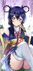  absurdres angelic_angel birthday blue_hair braid braided_hair_rings breasts bug butterfly commentary detached_sleeves female floral_print folded_fan folding_fan hair_rings hand_fan highres japanese_clothes kimono long_hair looking_at_viewer love_live! love_live!_school_idol_project love_live!_the_school_idol_movie multiple_braids shirokagi_tsukito sitting small_breasts solo sonoda_umi thighhighs white_thighhighs yellow_eyes 