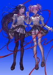  2girls absurdres akemi_homura black_footwear black_hair black_pantyhose black_skirt blue_background full_body gradient_background hair_ribbon hand_up highres holding_hands kaname_madoka long_hair looking_at_another looking_at_viewer mahou_shoujo_madoka_magica mahou_shoujo_madoka_magica_(anime) mitakihara_school_uniform multiple_girls neck_ribbon open_mouth pantyhose pink_eyes pink_hair plaid plaid_skirt purple_eyes red_ribbon ribbon school_uniform shirt shoes short_hair short_twintails simple_background skirt thighhighs twintails white_shirt white_thighhighs yangshu893 