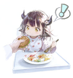  ! :i aged_down animal_ears arknights baby bad_id bad_twitter_id bib brown_hair burger cow_ears cow_girl cow_horns female flower food food_on_face high_chair highres holding holding_food holding_spoon horns plate sho_(sho_lwlw) short_hair sideroca_(arknights) simple_background solo_focus spoken_exclamation_mark spoon white_background white_flower yellow_eyes 