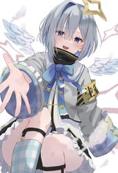  :d absurdres amane_kanata amane_kanata_(1st_costume) angel_wings asymmetrical_bangs asymmetrical_hair black_panties blue_bow blue_bowtie blue_eyes blue_hair blue_socks bob_cut bow bowtie colored_inner_hair commentary feathered_wings feathers female grey_hair grey_jacket hair_intakes hair_over_one_eye halo high_collar highres hololive jacket knee_up kneehighs legwear_garter long_sleeves looking_at_viewer mei_am0 multicolored_hair open_mouth outstretched_arm outstretched_hand panties plaid plaid_legwear reaching reaching_towards_viewer short_hair simple_background single_hair_intake sleeve_cuffs sleeves_past_wrists smile socks solo streaked_hair teeth underwear upper_teeth_only virtual_youtuber white_background white_feathers white_wings wings 