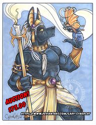  2019 advertisement anubian_jackal anubis black_body black_fur black_nose bottomwear canid canine canis clothing cybercat deity duo egyptian egyptian_mythology fur jackal loincloth male mammal middle_eastern_mythology muscular muscular_male mythology text url 