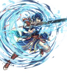  1boy armor blue_eyes blue_hair fire_emblem fire_emblem:_new_mystery_of_the_emblem fire_emblem_heroes full_body fur_trim gloves highres holding holding_sword holding_weapon izuka_daisuke kris_(fire_emblem) kris_(male)_(fire_emblem) leg_up looking_away male_focus non-web_source official_art open_mouth short_hair short_sleeves solo sword transparent_background weapon 