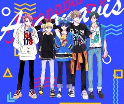  175x172nyrn 5boys argonavis_from_bang_dream! bang_dream! blonde_hair blue_background blue_hair brown_hair character_doll disneyland goryou_yuuto green_hair group_name kikyou_riou male_focus matoba_wataru md5_mismatch minnie_mouse_ears multiple_boys nanahoshi_ren pooh red_hair shiroishi_banri winnie_the_pooh 