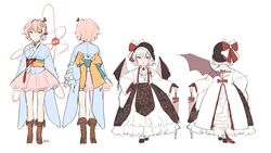  2girls absurdres alternate_costume bat_wings closed_mouth full_body hairband hat heart highres komeiji_satori long_sleeves looking_at_viewer multiple_girls open_mouth pink_eyes pink_hair red_eyes remilia_scarlet shan short_hair simple_background standing touhou white_background wide_sleeves wings 