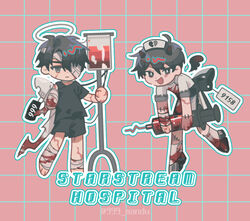  2boys 999_mandu amputee bandage_over_one_eye bandaged_arm bandaged_leg bandages black_eyes black_footwear black_hair black_shirt black_shorts blood blood_on_arm blood_on_hands blood_on_leg bright_pupils broken_heart chibi closed_mouth commentary english_text full_body grid_background hair_between_eyes halo heart holding holding_syringe horns intravenous_drip iv_stand kim_dokja large_syringe looking_at_viewer male_focus multiple_boys omniscient_reader&#039;s_viewpoint open_mouth oversized_object pink_background shirt shoes short_hair shorts standing stitches symbol-only_commentary syringe twitter_username white_pupils white_shirt wings yoo_joonghyuk 