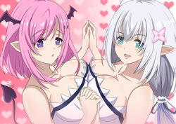  2bls 2girls absurdres asymmetrical_docking breast_press breasts elf ginny_fin_de_salvan highres ireena_litz_de_olhyde large_breasts long_hair multiple_girls pointy_ears purple_eyes shijou_saikyou_no_daimaou_murabito_a_ni_tensei_suru short_hair symmetrical_docking 