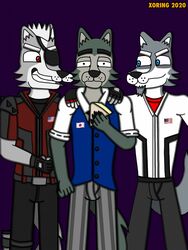  3:4 anthro beard beastars canid canine canis clothed clothing digital_drawing_(artwork) digital_media_(artwork) eye_patch eyewear facial_hair food fur goatee group hair hi_res jacket legoshi_(beastars) looking_at_viewer male mammal nintendo pike_(rimba_racer) rimba_racer sandwich_(food) school_uniform simple_background simple_coloring smile star_fox starlink:_battle_for_atlas teeth topwear uniform vest wolf wolf_o&#039;donnell xoring 