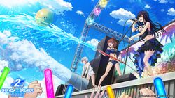  3girls absurdres backdrop beach bikini black_hair breasts brown_eyes brown_hair clenched_hands cloud cloudy_sky colored_lights commentary concert copyright_name copyright_notice day detached_sleeves frilled_bikini frills glowstick grey_hair gundam gundam_breaker_mobile haro headband highres hose ichinose_yuri kotomori_ren kuzunoha_rindou large_breasts lens_flare long_hair microphone multiple_girls music navel official_art open_mouth outdoors palm_tree purple_eyes purple_headband short_hair singing skirt sky small_breasts sparkle speaker stage stage_lights summer sunlight swimsuit taiki_(luster) topknot tree truss water 