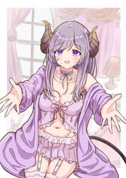  blush breasts curtains demon_girl demon_horns demon_tail female highres honey_strap horns incoming_hug lamp lingerie looking_at_viewer mole mole_under_mouth nanashi_inc. navel open_mouth purple_eyes purple_hair saionji_mary shishishi stomach tail underwear virtual_youtuber window 