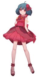  ahoge bare_legs bracelet chaku_(horhor71) dress female flower full_body gloves green_hair hair_flower hair_ornament jewelry macross macross_frontier official_alternate_costume ranka_lee red_dress red_eyes shiny_skin short_hair sleeveless sleeveless_dress smile solo transparent_background uta_macross_sumaho_deculture 