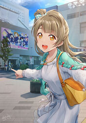  3girls akihabara_(tokyo) artist_name ayase_eli bad_id bad_pixiv_id bag birthday blue_hair breasts building cloud cloudy_sky collarbone commentary_request dated faceless faceless_female highres hoshizora_rin jewelry koizumi_hanayo kosaka_honoka light_brown_hair long_hair long_sleeves looking_at_viewer love_live! love_live!_school_idol_project medium_breasts minami_kotori multiple_girls necklace nishikino_maki one_side_up orange_hair outdoors pointing poster_(object) real_world_location shamakho shoulder_bag sidelocks sky solo_focus sonoda_umi tojo_nozomi tokyo_(city) train_station tree yazawa_nico yellow_eyes 