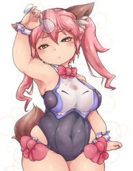  animal_ear_fluff animal_ears arm_at_side bare_shoulders blush bow breasts brown_tail closed_mouth commentary_request covered_navel cowboy_shot cup dot_nose female green_eyes hair_between_eyes hairbow heo_(tkgm) holding holding_cup large_breasts leotard original pink_hair sleeveless solo sweatdrop tail thick_eyebrows thick_thighs thighs twintails white_background 