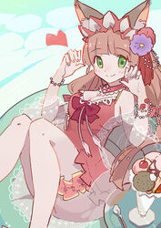  animal_ear_fluff animal_ears bare_shoulders blunt_bangs blush bow bracelet breasts brown_dress brown_hair cleavage closed_mouth commentary dress dress_swimsuit female fingernails flower fox_ears fox_girl green_eyes hair_flower hair_ornament hands_up heart innertube jewelry knees_up long_hair maho_(princess_connect!) maho_(summer)_(princess_connect!) medium_breasts parfait pearl_bracelet photoshop_(medium) princess_connect! purple_flower red_bow red_flower see-through shadowsinking sleeveless sleeveless_dress smile solo split_mouth spoon swim_ring table 