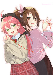  2girls ahoge animal_hat back-to-back black_headwear brown_eyes brown_hair green_eyes hair_ornament hairclip hat highres hololive long_hair long_sleeves multiple_girls nemurimangetsu official_alternate_costume open_mouth pink_hair sakura_miko sakura_miko_(casual) star_(symbol) string string_of_fate tokino_sora tokino_sora_(casual) twitter_username virtual_youtuber white_background 